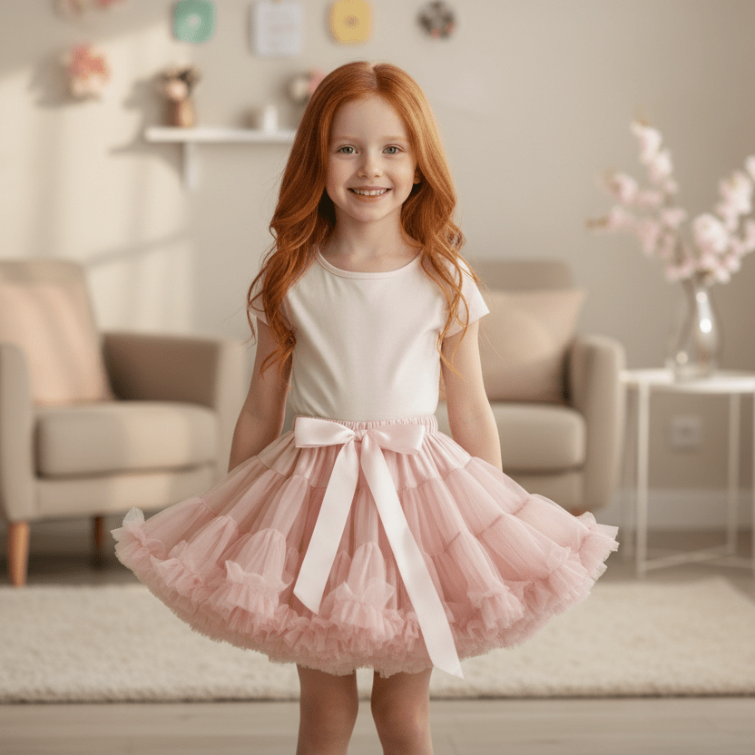 Young girl in a white top and pink tutu skirt standing in a living room.