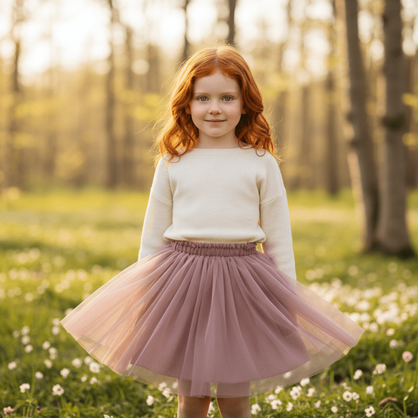 Young girl with red hair wearing a white sweater and pink skirt standing in a sunlit forest.