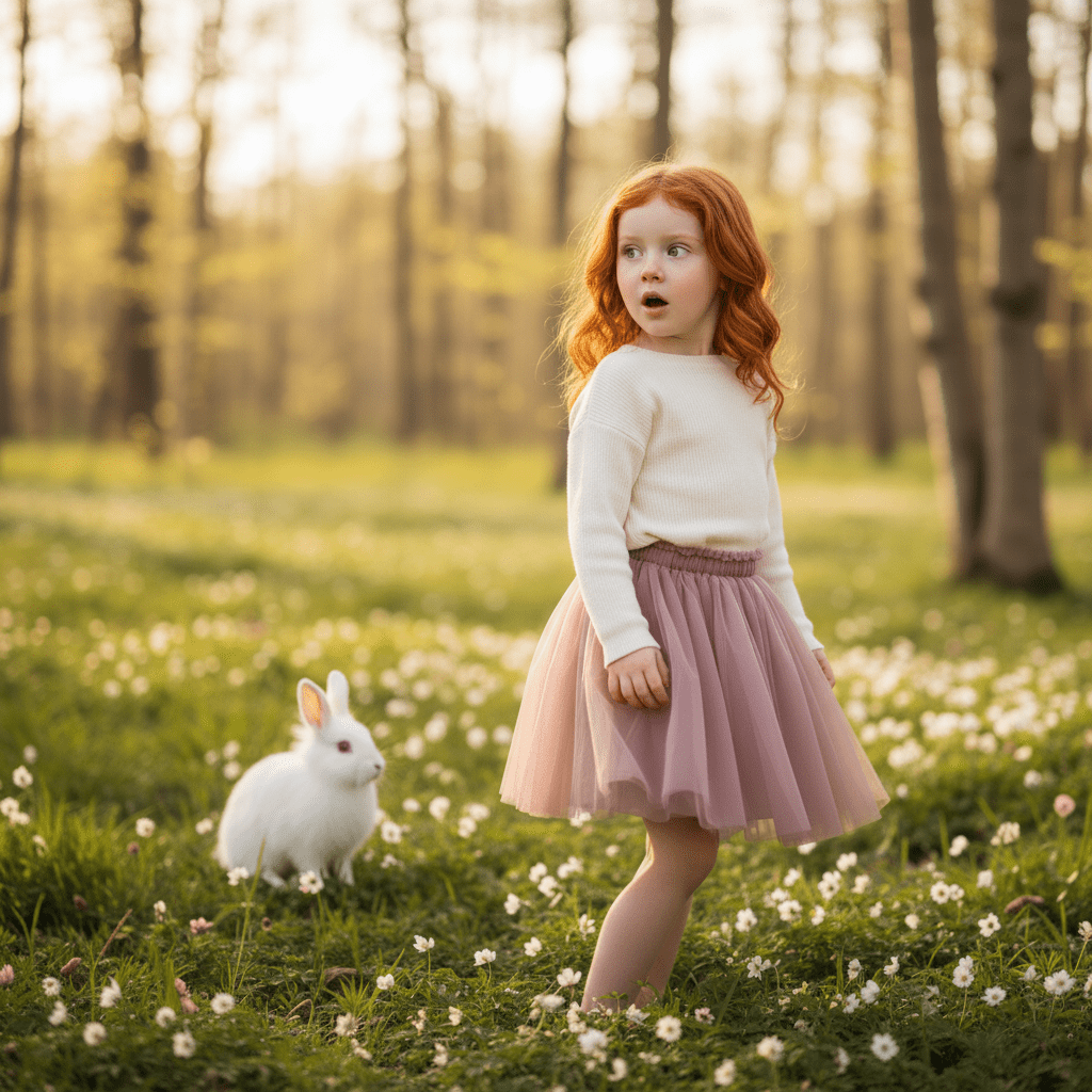 Young girl with red hair in a pink skirt standing in a grassy field with a white rabbit.