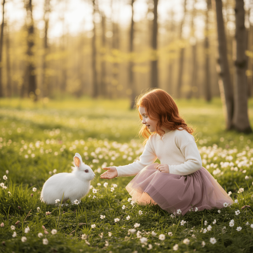 Young girl with red hair interacting with a white rabbit in a grassy field with flowers.