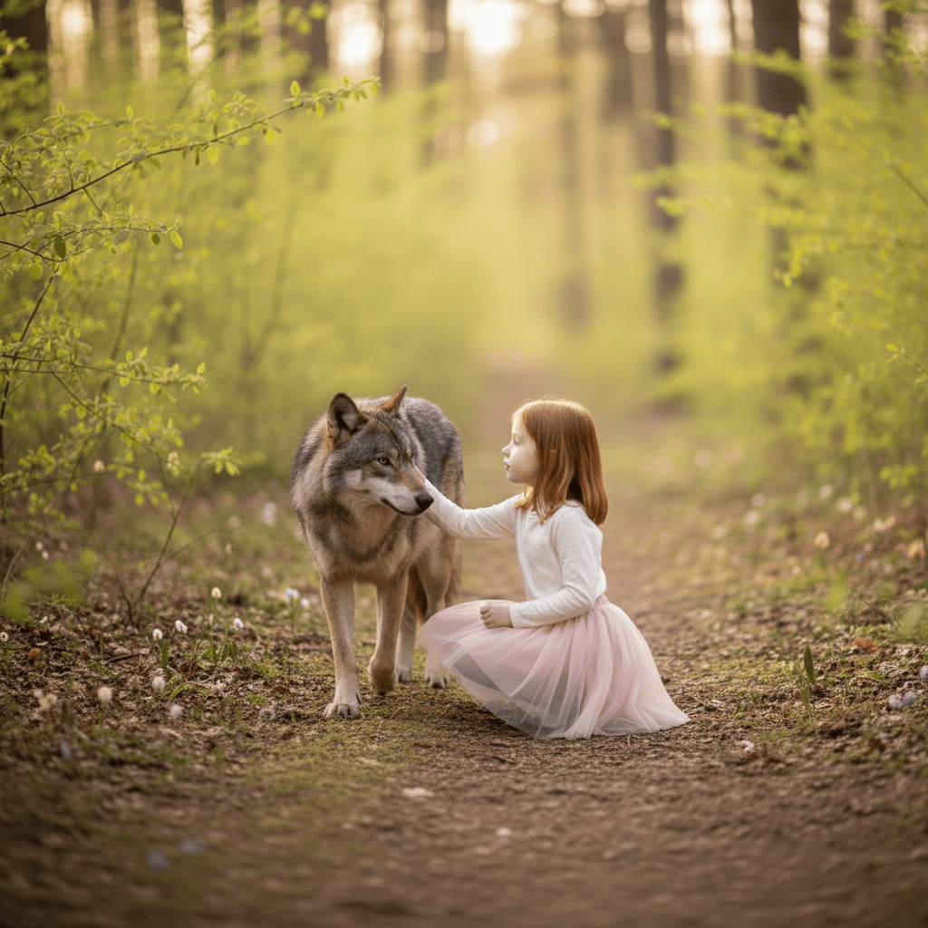 Girl in a white dress interacting with a wolf in a forest