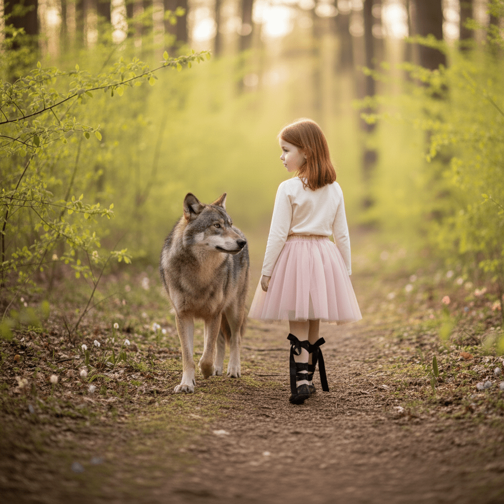 Girl in a pink skirt walking with a wolf in a forest
