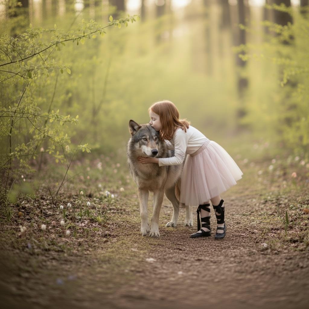 Girl in a pink dress hugging a wolf in a forest