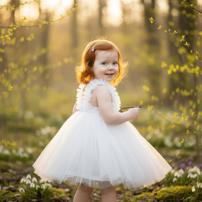 Young girl in a white dress standing in a forest with sunlight filtering through the trees.