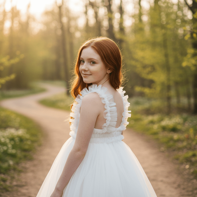 Woman in a white dress standing on a path in a forest