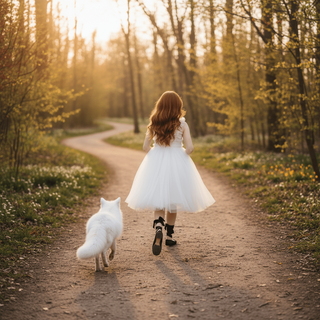 Woman in a white dress walking a white fox on a path in a forest during sunset.