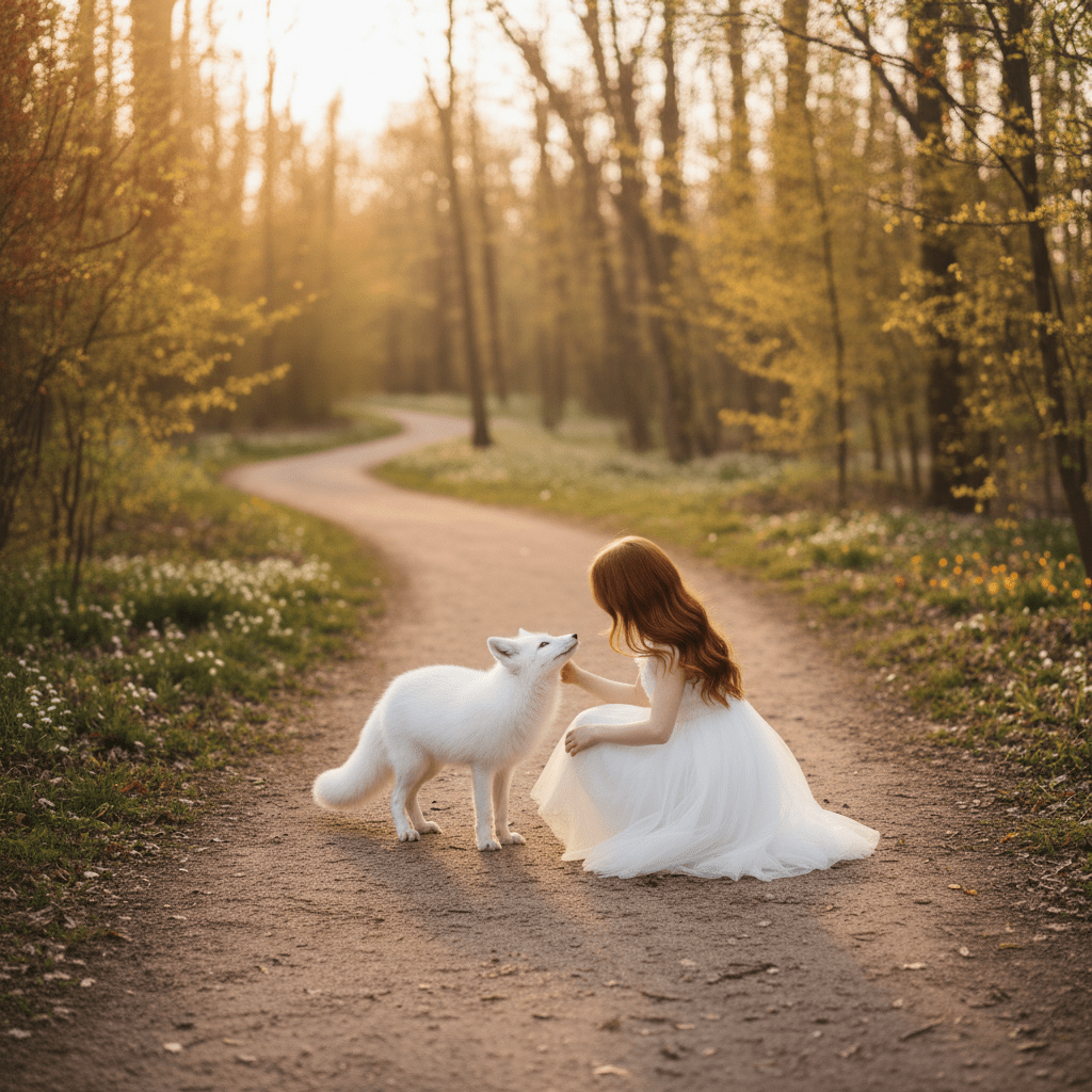 Woman in a white dress sitting on a path in a forest with a white fox.