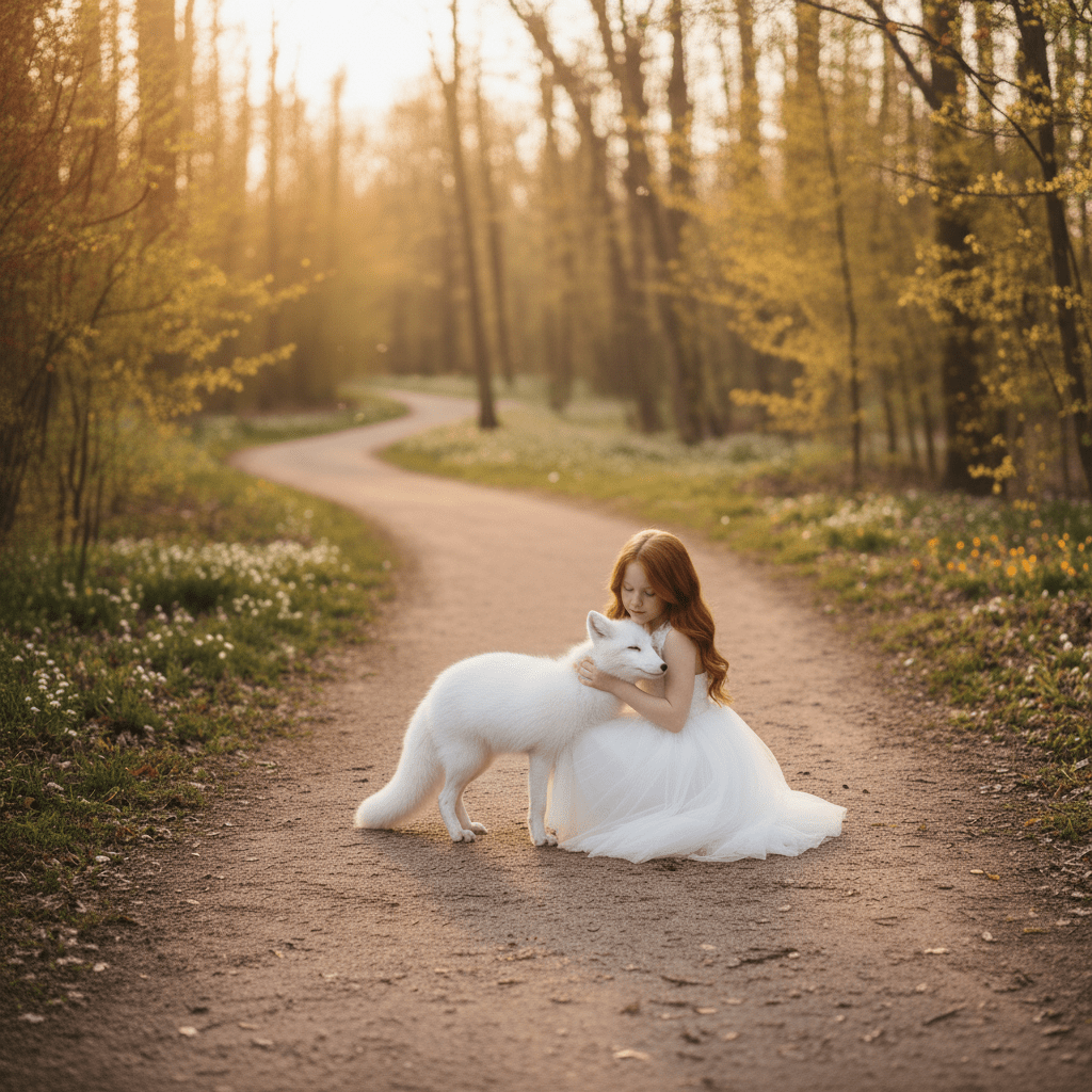 Woman in a white dress sitting on a path in a forest with a white fox.