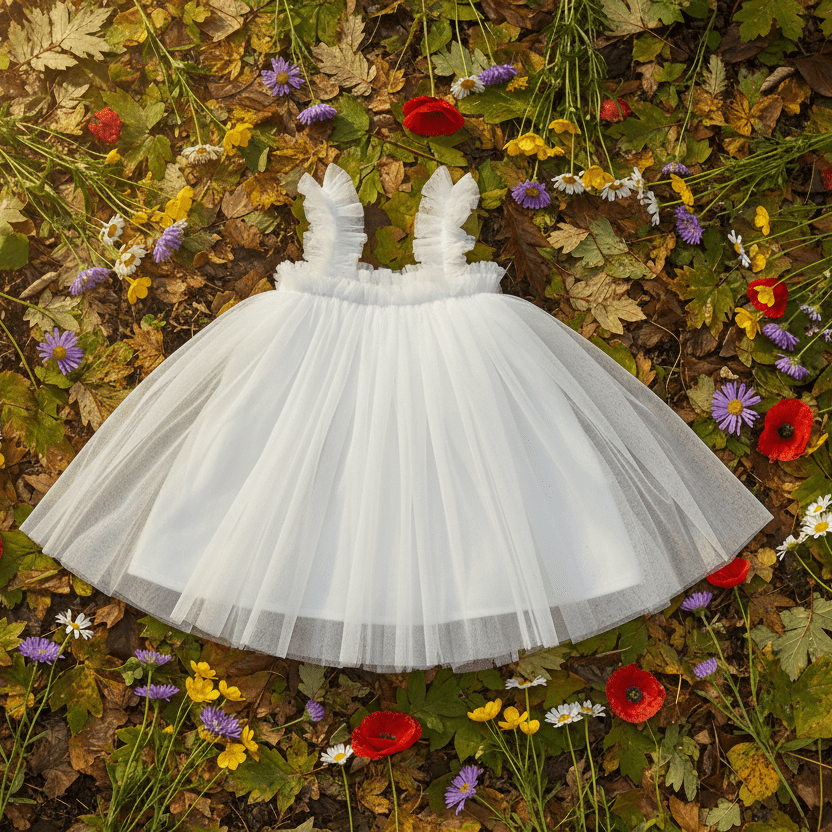 White dress on a bed of autumn leaves and flowers