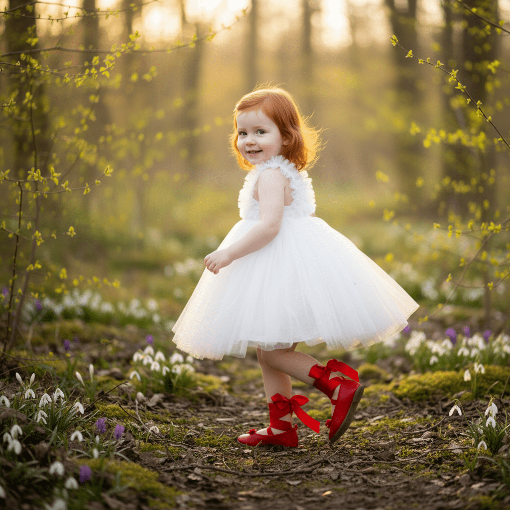Young girl in a white dress with red shoes standing in a forest with flowers and sunlight filtering through.