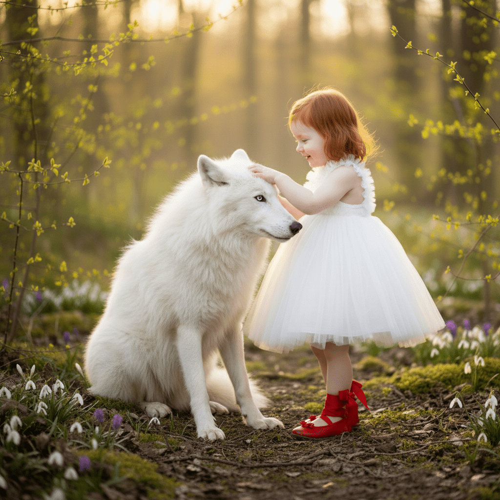 Young girl in a white dress interacting with a white wolf in a forest setting