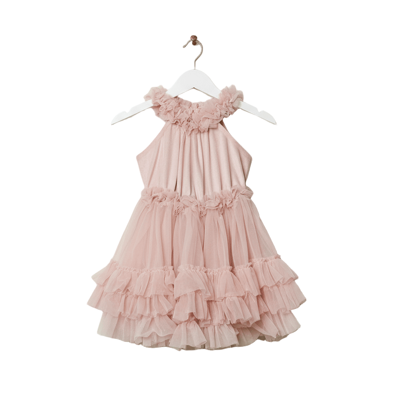 Pink ruffled dress on a white hanger against a white background