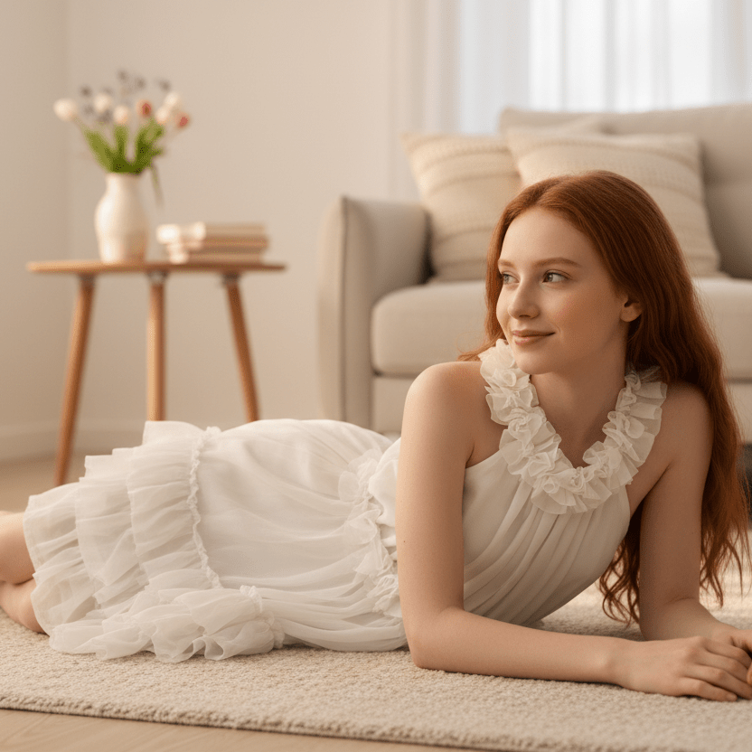 Woman in a white dress lying on the floor in a cozy living room.