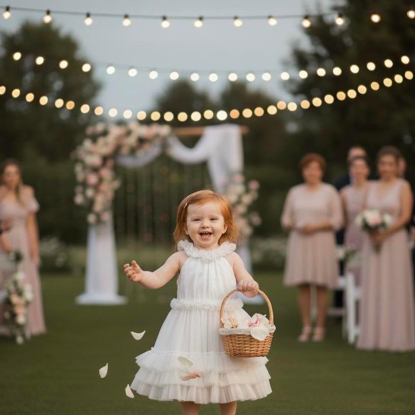 Young girl in a white dress holding a basket with flower petals at an outdoor event.