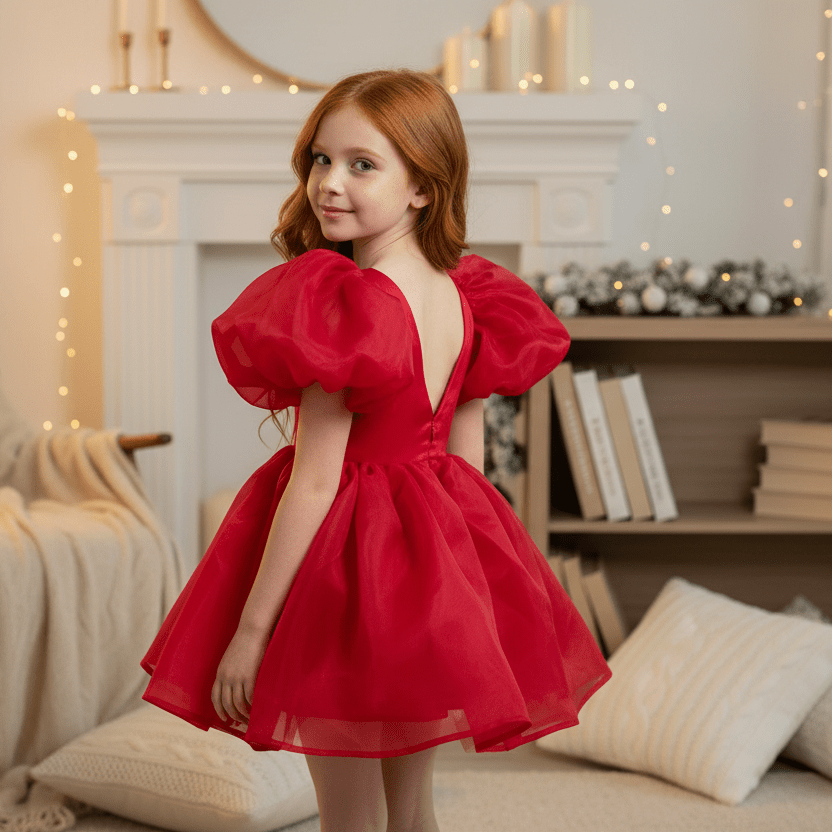 Young girl in a red dress from DOLLY Le Petit Tom® standing in a cozy room with a fireplace and bookshelf.