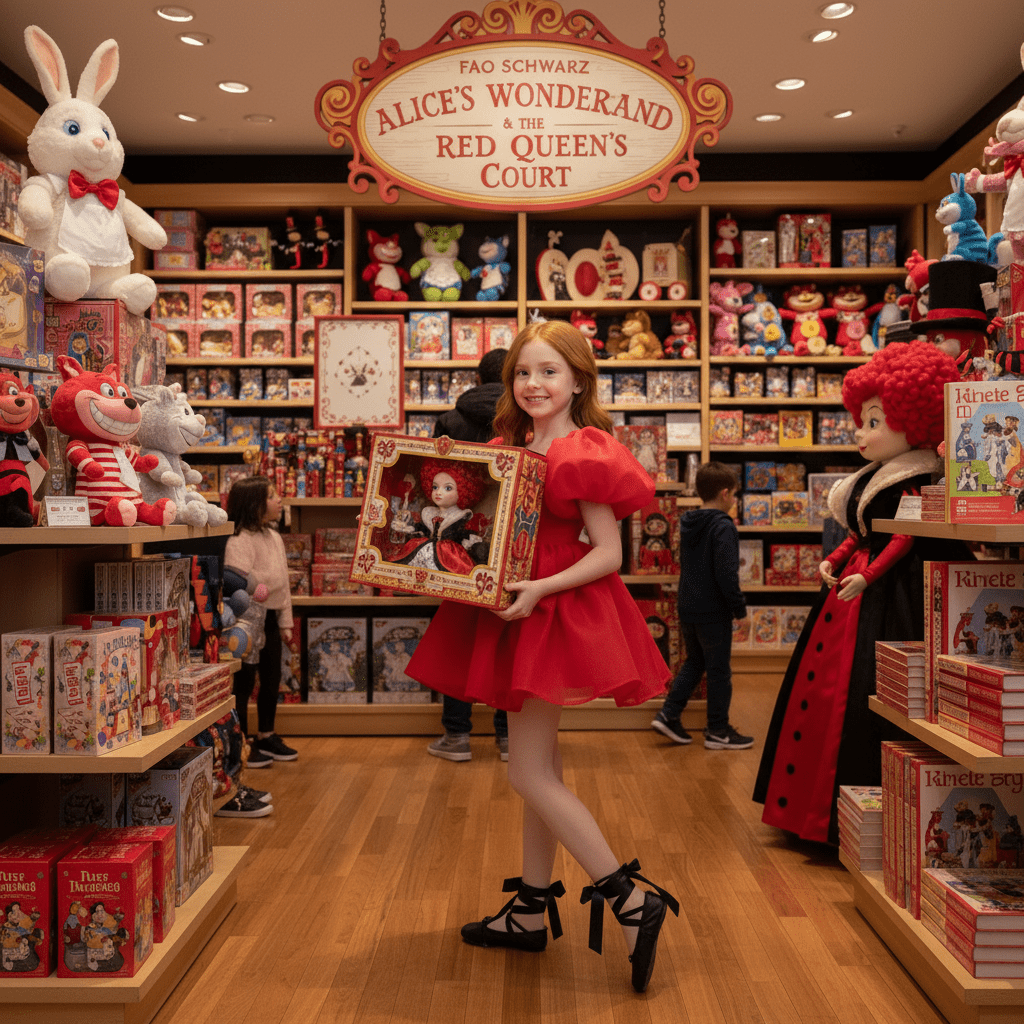 Young girl in a red dress holding a book in a toy store with 'Alice's Wonderland' sign.