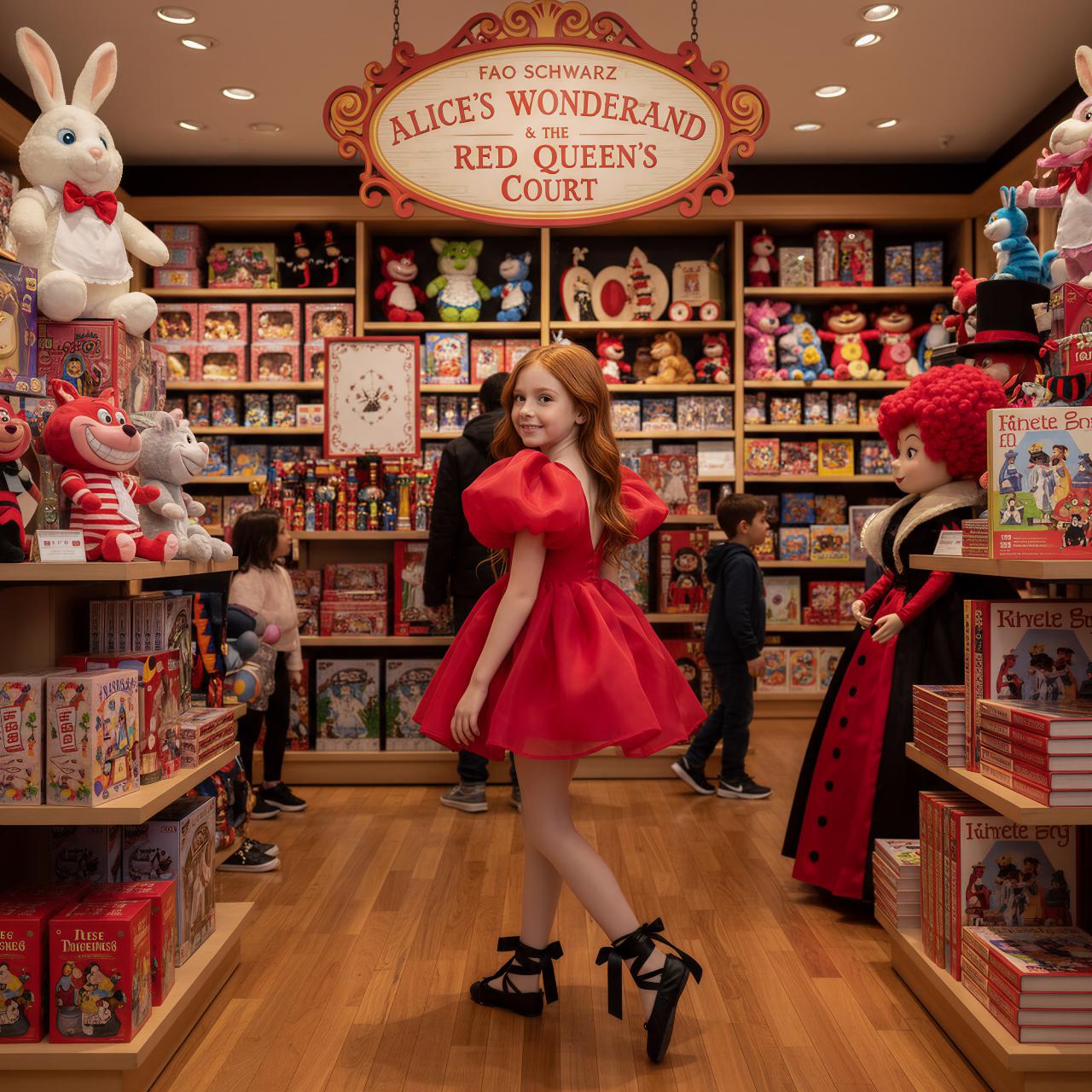 Store interior with 'Alice's Wonderland' display and character costumes.