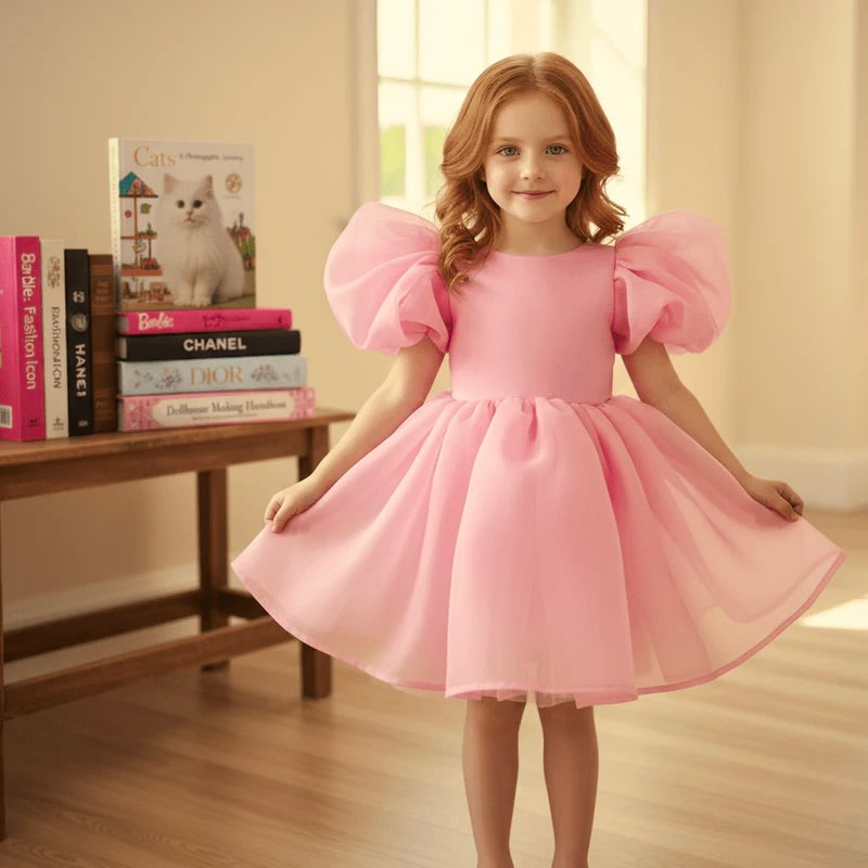 DOLLY V-BACK PUFF SLEEVE ORGANZA TUTU DRESS donut pink