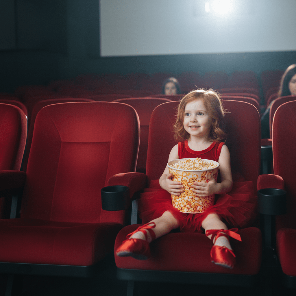 Young girl in a red dress sitting in a movie theater with popcorn.