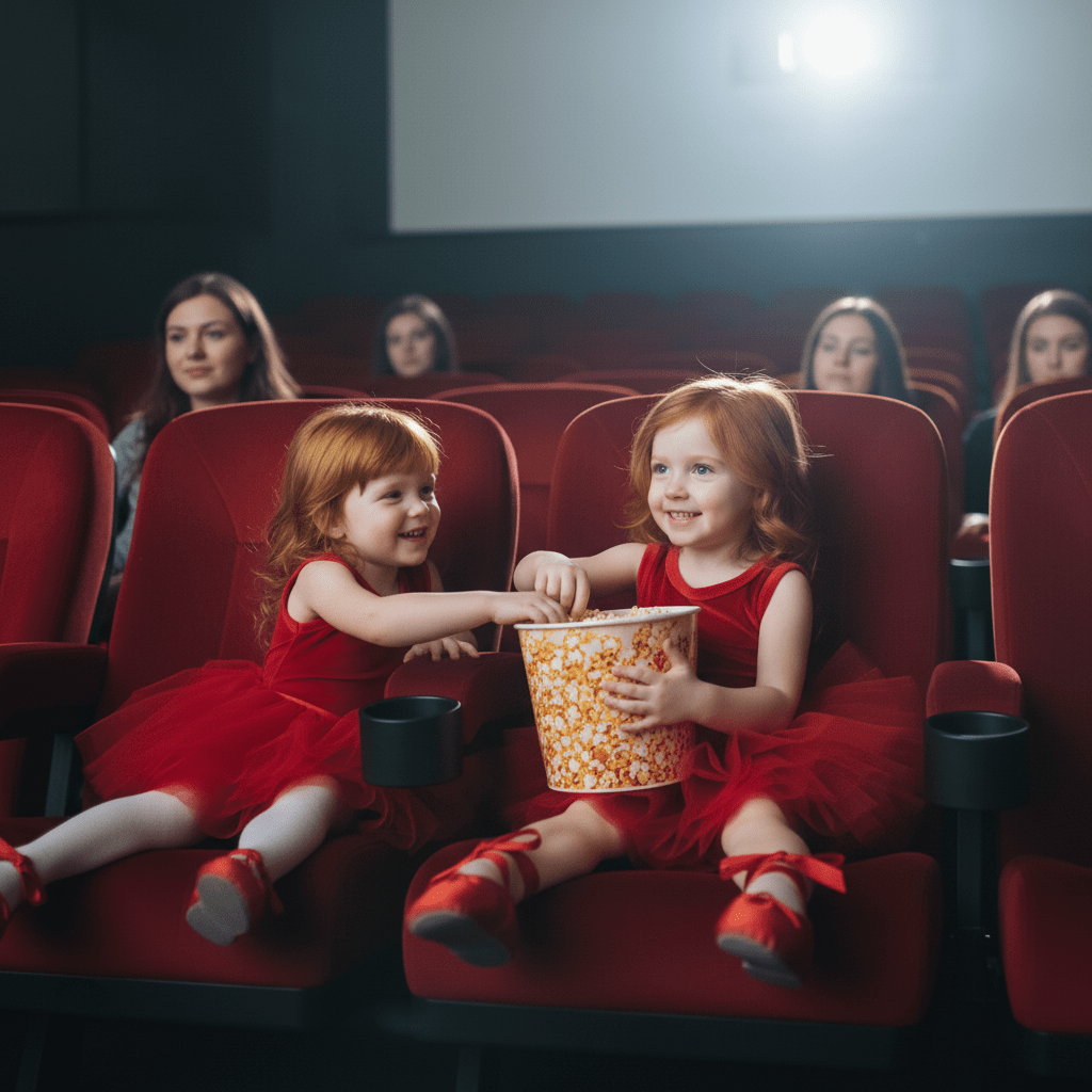 Two young girls in red dresses sharing popcorn in a movie theater.