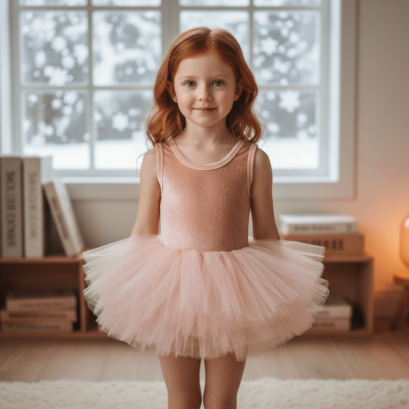 Young girl in a pink ballet dress standing in a softly lit room.