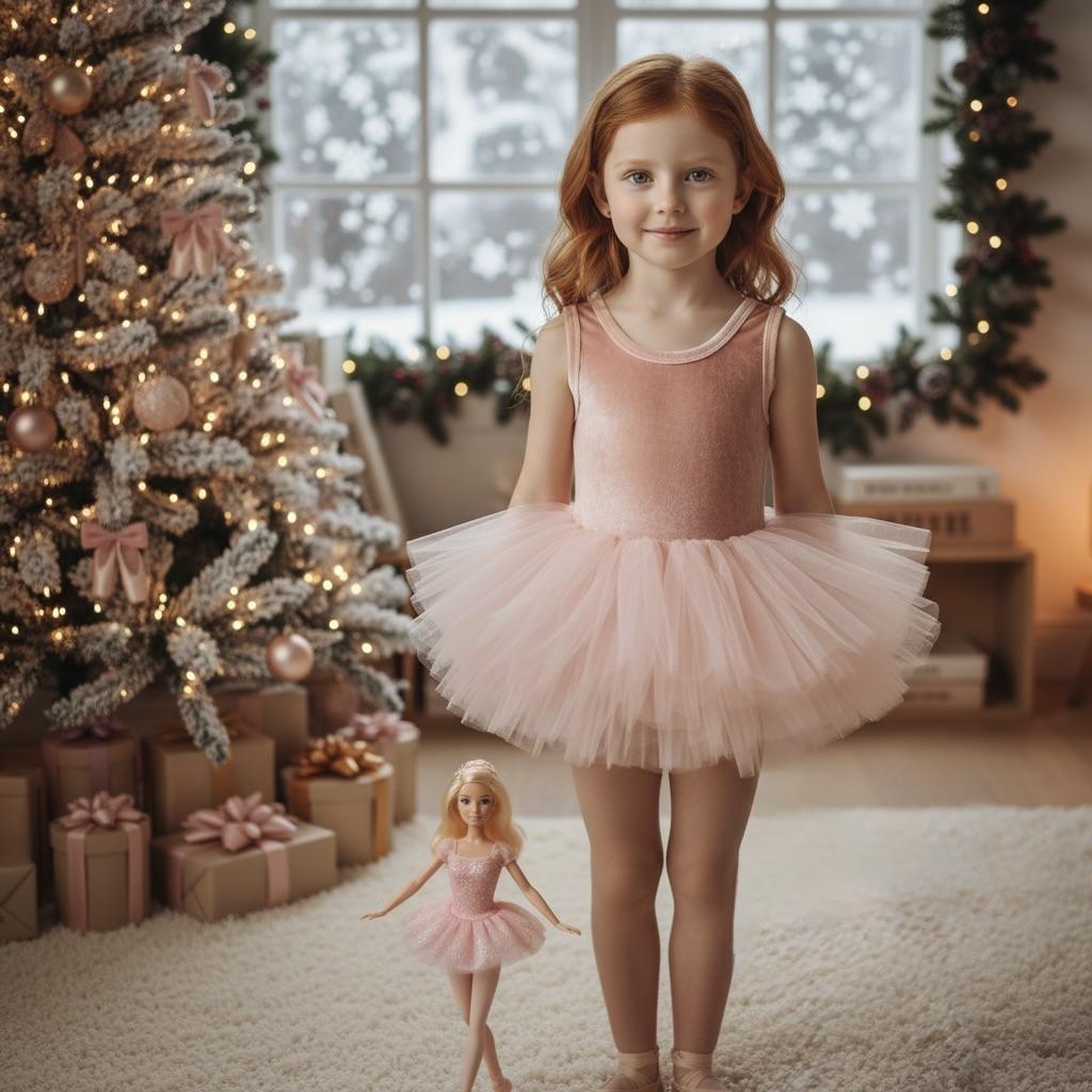 Young girl in a pink ballet dress standing next to a doll in a festive room with Christmas trees and presents.