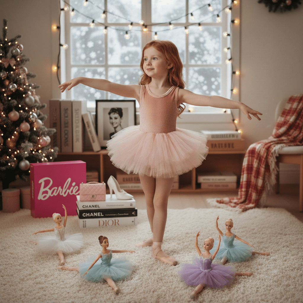 Young girl in a ballet outfit surrounded by barbie dolls in a room decorated for Christmas.