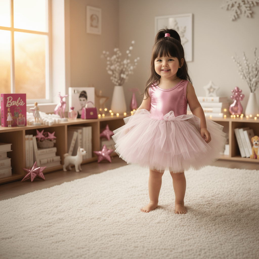 Young girl in a pink ballet outfit standing in a room with decorative items.