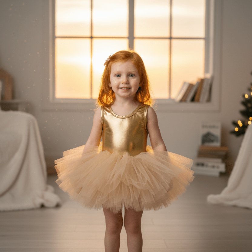 Young girl in a gold ballet outfit standing in a softly lit room with a Christmas tree.