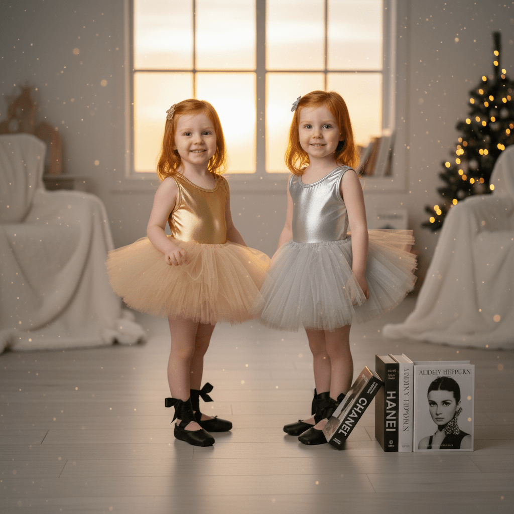 Two young girls in gold and silver tutu dresses standing in a decorated room with a Christmas tree.