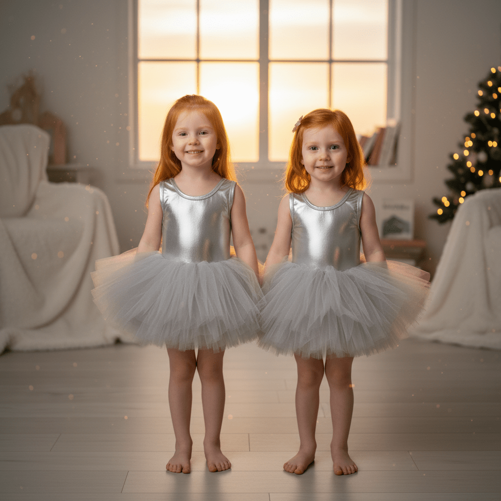 Two young girls in silver ballet costumes standing in a softly lit room with a Christmas tree.