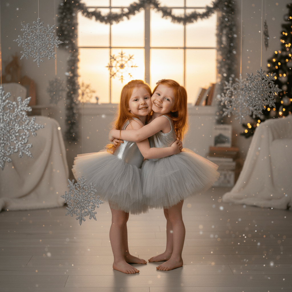 Two young girls in gray tutus hugging in a festive room with Christmas decorations.