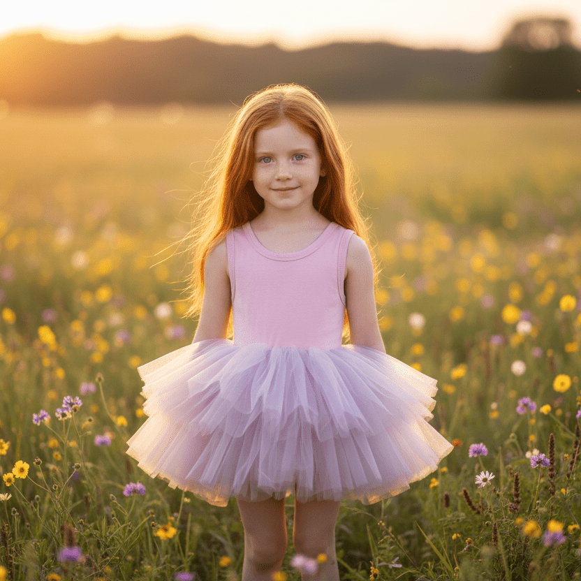 Young girl in a pink dress standing in a field of flowers at sunset