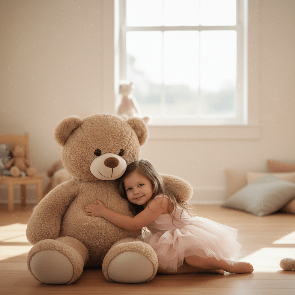 Child in a pink dress hugging a large teddy bear in a softly lit room.