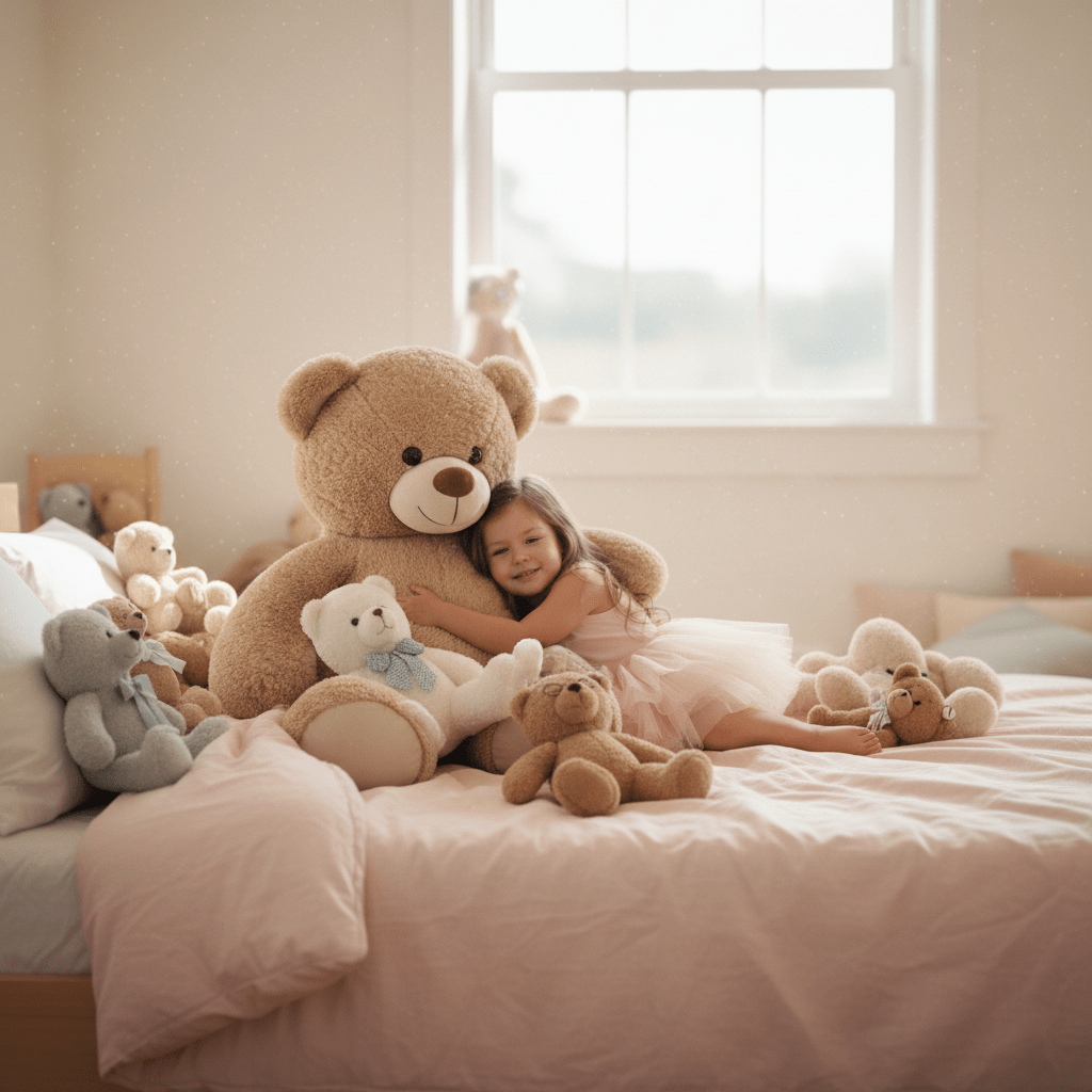 Child hugging a large teddy bear surrounded by other stuffed animals on a bed in a softly lit room.