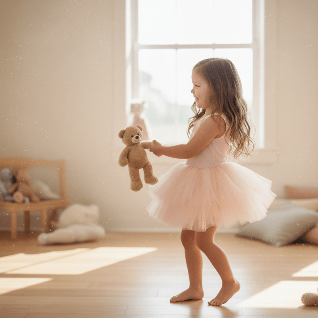 Young girl in a tutu holding a teddy bear in a softly lit room.