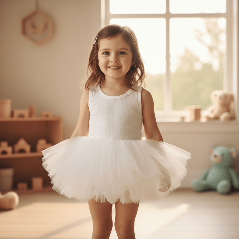 Young girl in a white dress standing in a room with toys and a window.