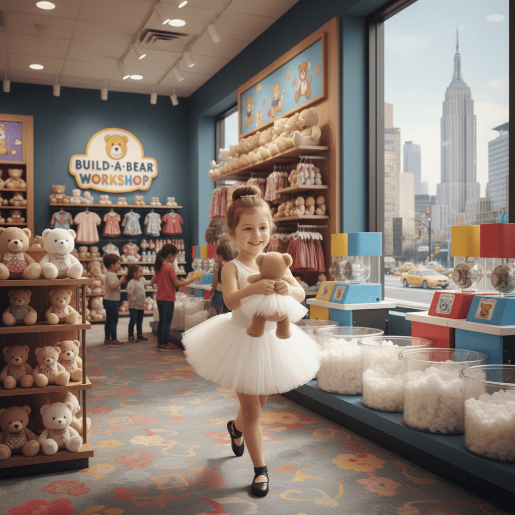 Young girl holding a teddy bear in a Build-A-Bear Workshop store with cityscape view.