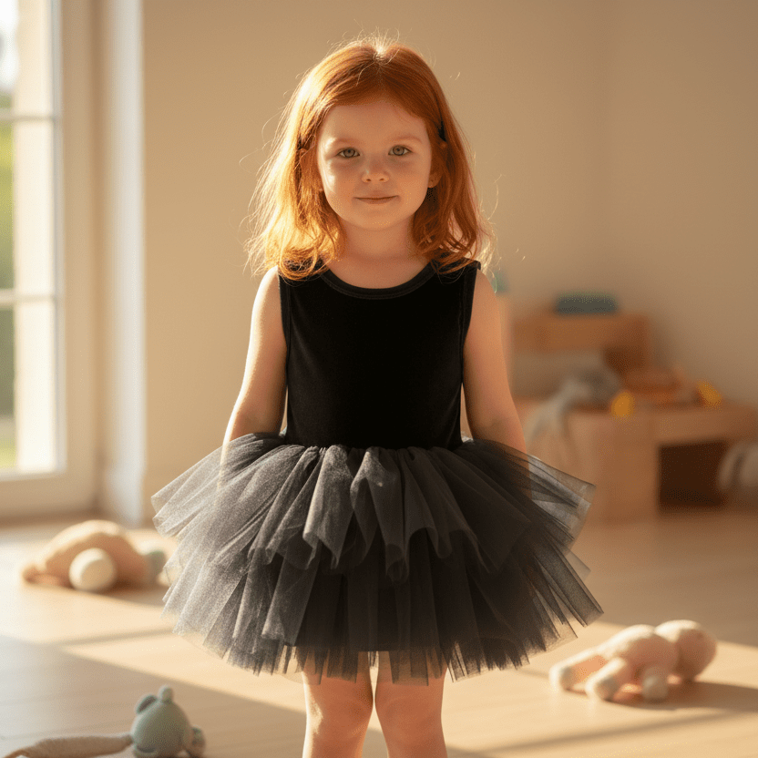 Young girl in a black dress with a tutu standing in a softly lit room.