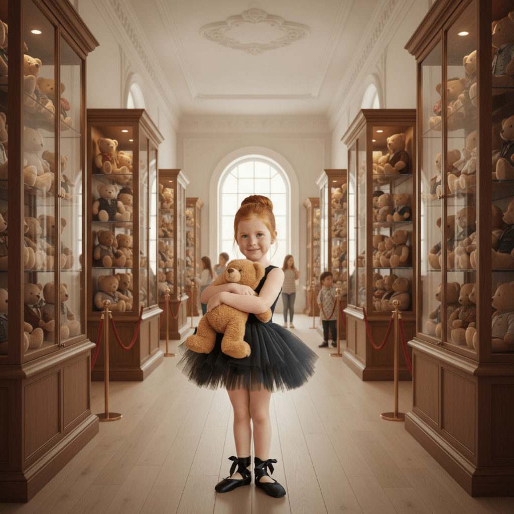 Young girl holding a teddy bear in a room filled with teddy bear display cases.