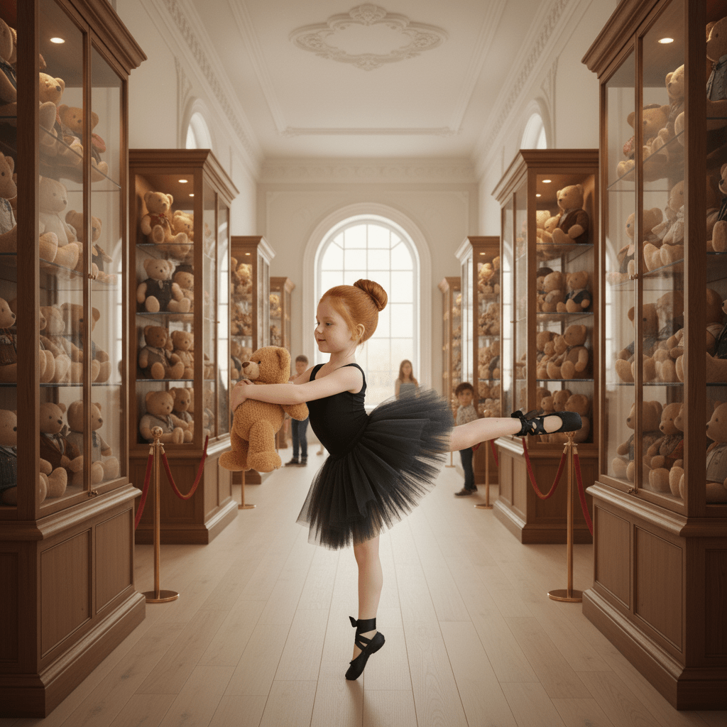 Ballerina holding a teddy bear in a room filled with teddy bear display cases.