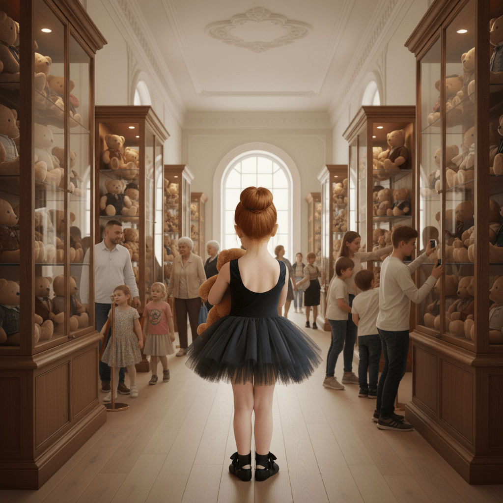 Woman in a black dress standing in a room filled with teddy bear displays.