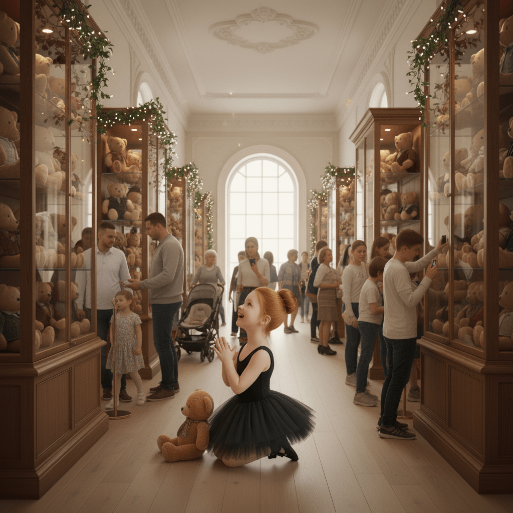 Woman in a black dress sitting with a teddy bear in a large teddy bear store.