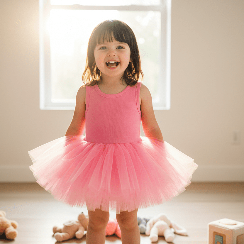 Child wearing a pink tutu dress in a room with toys on the floor.
