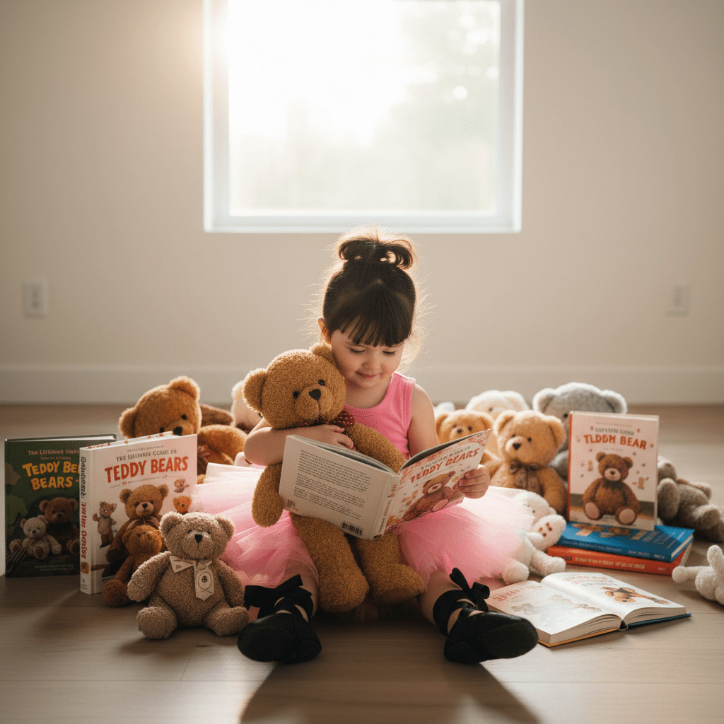 Child reading a book surrounded by teddy bears in a room with a window.