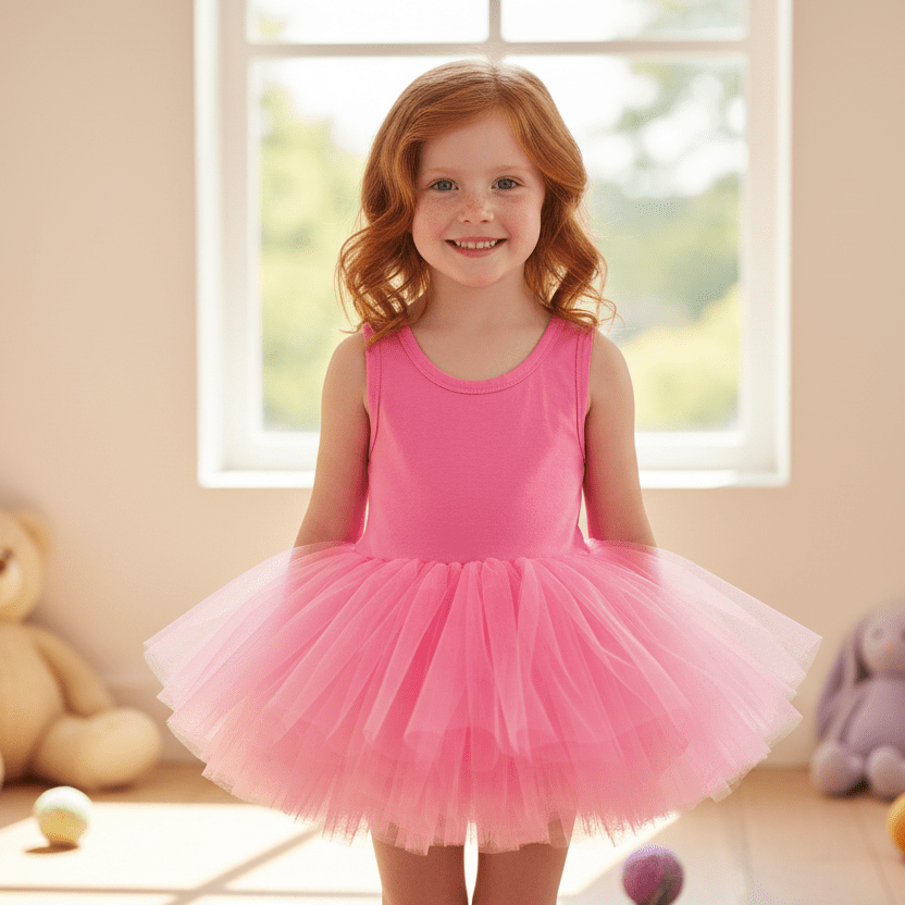 Young girl in a pink tutu dress standing in a room with toys and a window in the background