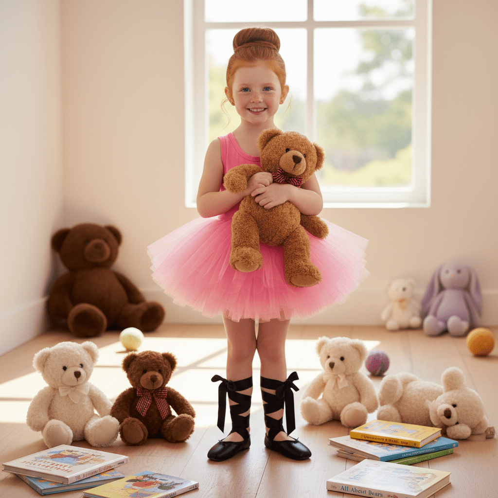 Young girl in a pink tutu holding a teddy bear surrounded by teddy bears and books in a room with a window.