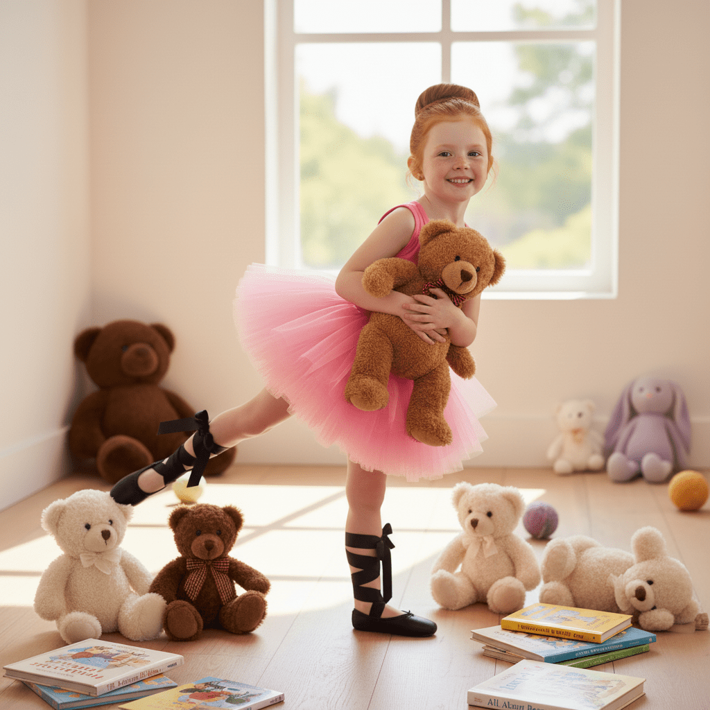 Young girl in a pink ballet outfit holding a teddy bear in a room with toys and books.