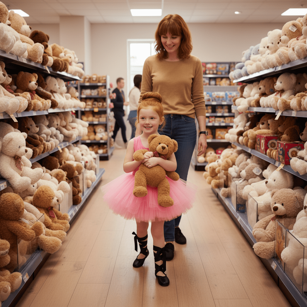 Woman and child in a toy store aisle with teddy bears