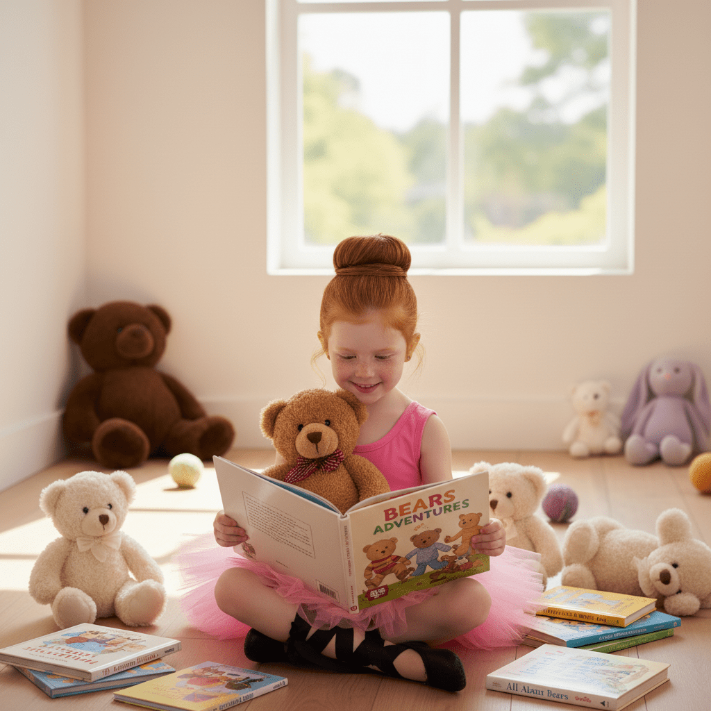 Young girl reading a book to a teddy bear in a room filled with stuffed animals.